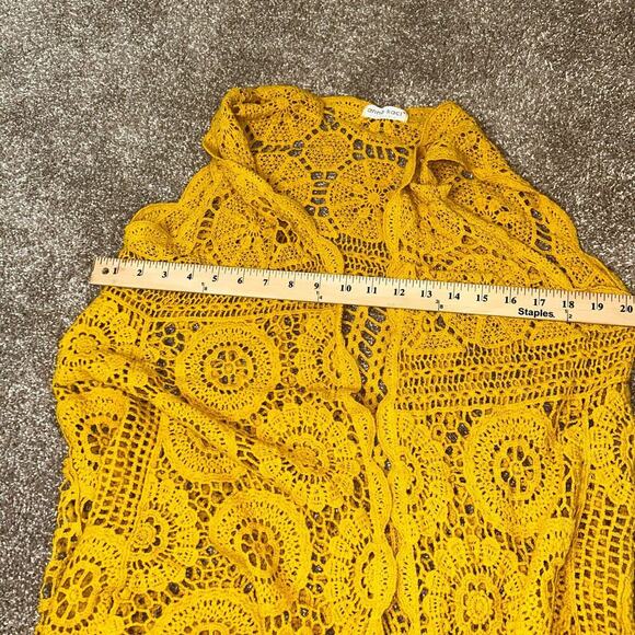 Anna-Kaci Mustard Yellow crochet cardigan swimsuit coverup high low floral SZ SM - Picture 7 of 9